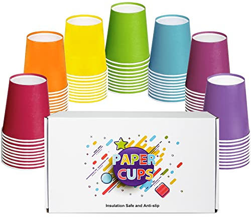 ENSINE Gobelet carton jetable pour café et jus de fruit 70PCS 250ml, gobelet jetable pour anniversaire et personnalisé, gobelet en papier en 7 couleurs, verre jetable pour boissons chaudes et froides