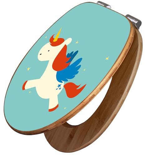 banjado Design WC Sitz Bambus Absenkautomatik 45,8x37,5cm / Toilettendeckel mit Absenkautomatik Holz/hochwertiger Bambus Klodeckel/WC-Sitz für gängigen Toiletten/Motiv Kleines Einhorn