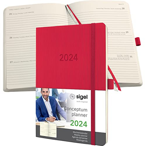 SIGEL C2434 Terminplaner Wochenkalender 2024, ca. A5, rot, Softcover, 192 Seiten, Gummiband, Stiftschlaufe, Archivtasche, PEFC-zertifiziert, Conceptum