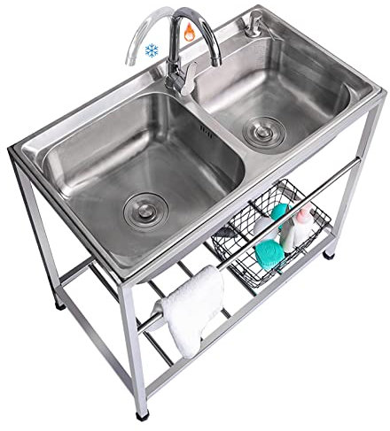 Évier utilitaire d'extérieur en acier inoxydable à double cuve – Évier de cuisine sur pied pour restaurant commercial avec robinet chaud et froid pour linge, garage, café, bar, 83,1 x 43,9 x 77 cm