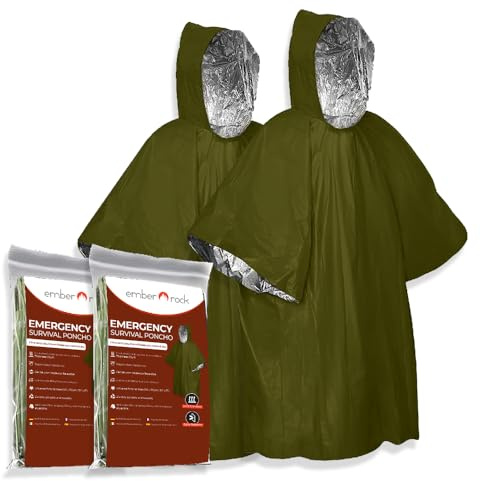 Ember Rock Emergency Survival Rain Poncho - 2 Pack Thermal Mylar Foil Blanket - Reversible Waterproof Heat Retention Rain Protection - Bushcraft Outdoor Gear