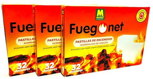 Pastillas Blancas de Encendido de Fuegos, 32 Pastillas por Tableta. Pack DE 3UDS. Encedido rapido de chimeneas, Estufas, barbacoas o fogatas