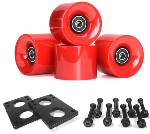 LOOEEL 70mm Longboard Wheels 80A Contains ABEC-9 Bearings and Spacers,Skateboard Riser Pads,Skateboard Hardware Screws Bolts,fit for Your Longboard Skateboards.-Red