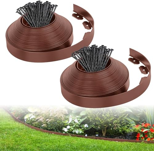 2-Inch x 66 FT Landscape Edging Border with 100 Spikes, Garden Edging Lawn Edging Border Kit, Plastic Edging Border Flexible for Garden Flower Beds Lawn Yard Pathway (Brown)