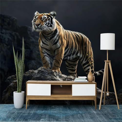 Fototapete Tiger Wildtierthema mit Streifen Tapeten Moderne Wanddeko, Schwarz Vlies Tapeten Wandtapete Fototapete für Wohnzimmer Schlafzimmer Büro oder Flur, 350 x 256 cm (B x H)