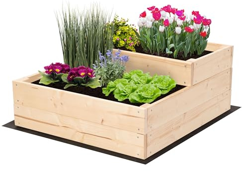 MODO24 Hochbeet Holz, 2-stufiger, Blumenkasten 27x60x63 cm, Natur | Komplettes Anzuchtset inkl. Schrauben, Dekoratives Gemüsebeet, Kräuterbeet & Blumenkasten für Garten und Terrasse