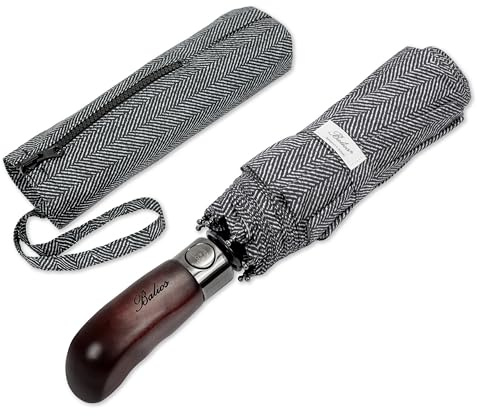Balios fällbart paraply äkta trähandtag automatisk öppning stängd ventilerad baldakin, Fiskben klassisk svart