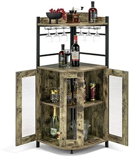 Eck-Barschrank, industrieller Weinschrank mit Glashaltern, verstellbarem Regal und Netztüren, Anti-Rutsch-Aufbewahrungsregal für Küche, Wohnzimmer und Esszimmer, Rostbraun