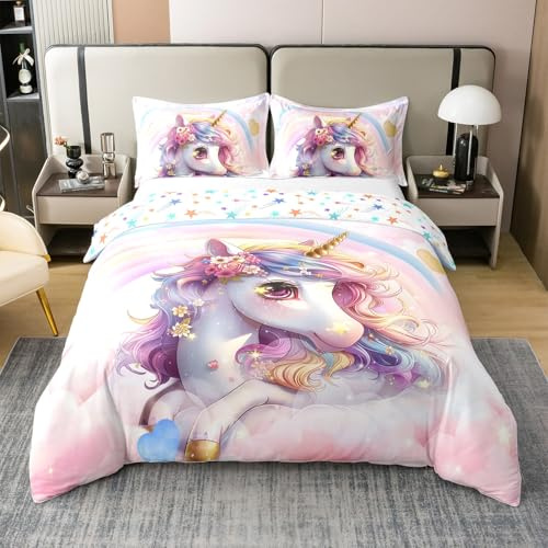 Cartoon Licorne Coton Housse de Couette 140x200,Rose Paillettes Mignon Parure de Lit,Fille Princesse Arc en Ciel Fantaisie Double Face Étoiles Linge de Lit,Thème de Fée Couvre Lit pour Enfants