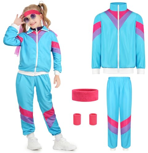 AYBUY Barn 80-tal 90-tal träningsoverall, barn blå retro sport skaldräkt, pojkar flickor snygg street hip hop-kostymer, barn retro mode outfit maskeradkostymer för 1980-talet 1990-tals fest jul