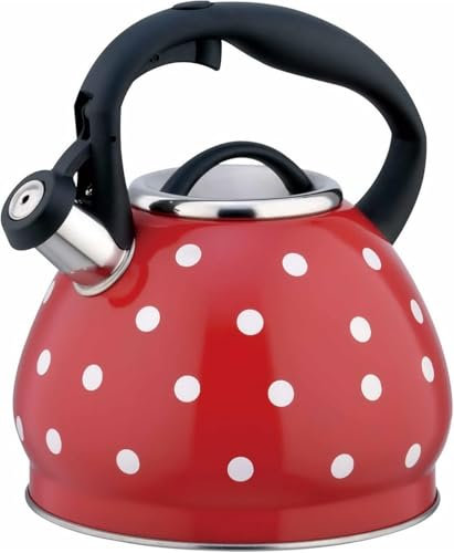 Bouilloire sifflante rouge – Théière à pois en acier inoxydable de 3 L avec poignée ergonomique pour la cuisine