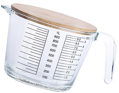 IMIKEYA Tazas Medidoras De Vidrio Transparente 1000ml Con Escala Graduada Alta Resistencia, Tapa De Madera, Utensilios De Cocina Para Hornear y Medición Práctica, Para Uso Doméstico y Repostería