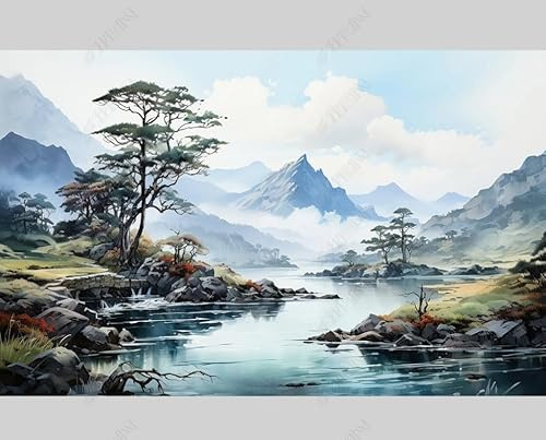 MZOwallpaper Papier Peint Intissé Paysage À L’Encre De Chine Poster Tableaux Muraux Tapisserie Photo Trompe L'Oeil Salon Chambre Art Mural 250Cm(L) X175Cm(H)