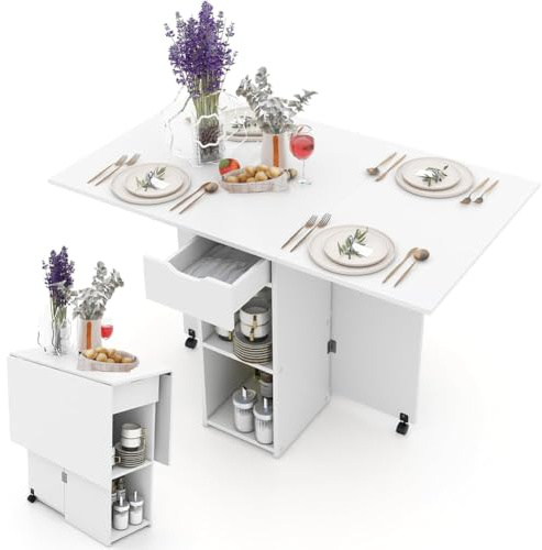 Shally Dogan Tavolo da Pranzo Pieghevole Salvaspazio con Ruote, Scrivania Richiudibile con 2 Ripiani e 1 Cassetto, Design Moderno Multiuso Ideale per Casa, Ufficio, 120 x 77 x 75 cm (Bianco)