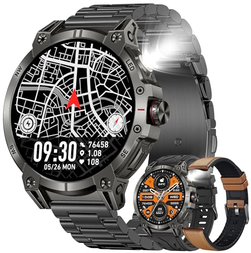 MYSHUN 1,85 Tum AMOLED Smartklocka, Män med Telefonfunktion, Ficklampa, 5 ATM Smart Klocka, Aktivitetsspårare med 123 Sportlägen, Blodtryck, Sömnmonitor, Stegräknare, Armbandsur för IOS Android (Svart)