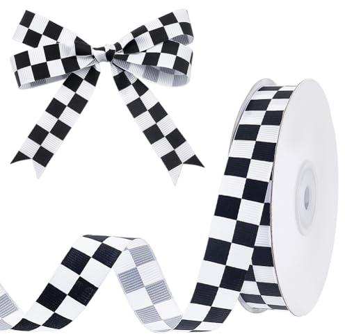 AHANDMAKER 27 Yards Schwarz Weiß Kariertes Band 3/4 Zoll Ripsband Mit Rennwagenmotiv Ripsband Mit Klassischem Karomuster Zum Selbermachen Party & Geschenk Deko