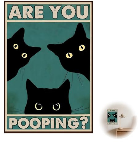AzureRay Schwarzes Katzenlogo Wanddeko, Lustige Bilder Badezimmer Deko Katze mit Spruch, Witziges Schild für Toilette & Gäste-WC – 30x20cm Metall