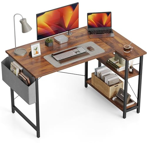CubiCubi L Shaped Corner Desk, 100x70 cm Computer Desk with Storage Bag, Small Writing Table with Large Reversible Storage Shelves, Workstation for Study Play Work Home Office, Rustic Brown