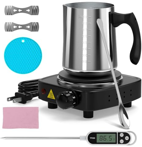 LIROPAU Juego de velas con placa calefactora electrónica, dispositivo de fusión de cera para hacer velas, olla de fundición de cera con termómetro, cuchara agitadora, soporte para mecha