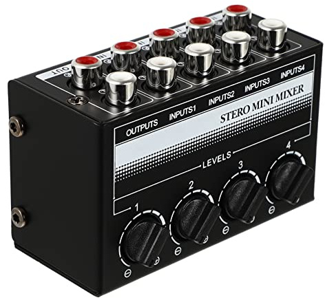 Kisangel Mezclador de Audio de 4 Canales, Mini Mesa de Mezclas Estéreo Pasiva, 4 Entradas 1 Salida, Ajuste Individual de Volumen para Laptop y Teléfono