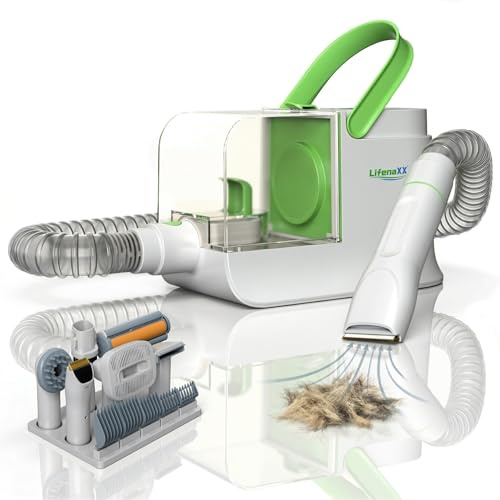 Lifenaxx Tondeuse Animale 6-en-1 avec Aspiration – Kit Toilettage pour Chiens & Chats, Silencieuse, Tondeuse avec 6 Sabots, Brosse Démêlante, Brosse de Massage, Collecteur à Poils 1,5L - LX-052