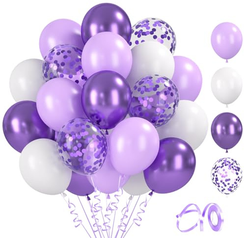 BlooMoo 60 stycken ballonger lila vit, 30 cm (12 tum) latexballonger makaron-lila vita, metalliska ballonger och konfettiballonger set, för födelsedag bröllop fest dekoration