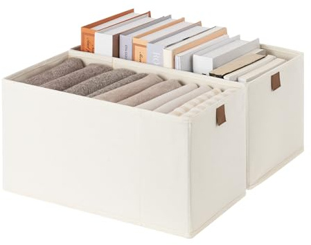 StorageWorks Narrow Storage Baskets for Shelves, Small Storage Bins, Fabric Storage Bins with PU Handle, Ideal for Clothes, Underwear, and Diapers, Beige, 2-Pack