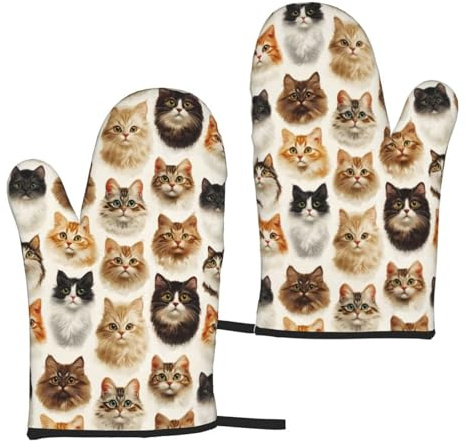 Lot de 2 gants de cuisine mignons avec motif tête de chat pour femme, gants de cuisine résistants à la chaleur avec doublure en coton
