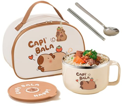 Ferricult Ramen-skål mikrovågsugn 800 ml/28 oz Capybara rostfritt stål soppskål med lock och påse och porslin bärbar ramenspis för nudlar, dumplings, sallader, snabbnudel