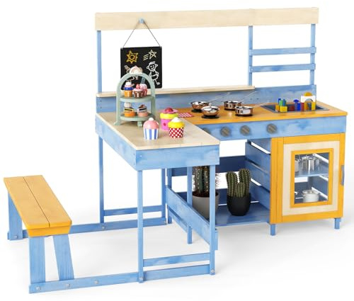 COSTWAY 2 en 1 Cuisine Extérieure Enfant avec Tableau Noir & Table de Pique-Nique, Cuisine de Boue en Bois de Sapin avec 7 Desserts & 8 Ustensiles, Cuisine Boueuse pour Enfant de 3 Ans+ (Bleu)