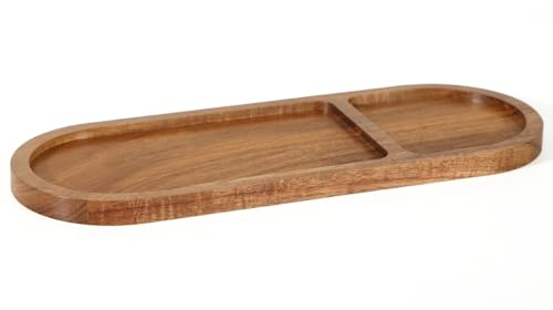 WLWNWFT Holztablett Klein 33x12 cm, Snackteller mit 2 Fächern, Tablett Holz aus Akazienholz, Dekotablett Holzbrett Servierplatte für Snacks, Käse, Wurst