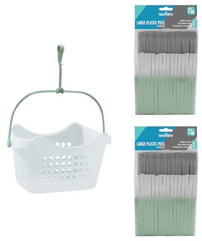 JVL Peg Basket with 96 Large Plastic Clothes Pegs – Laundry Peg Storage Holder for Washing Line – Assorted Colours