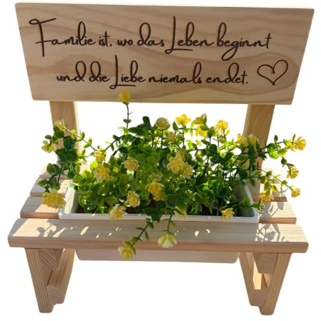 Blumenbank aus Holz mit Gravur,Dekorative Pflanzbank mit Blumenkasten,Geschenk für Mama,Oma,Gartenbank für Balkon&Terrasse, Outdoor Muttertag (Familie ist wo Leben beginnt und die Liebe niemals endet)