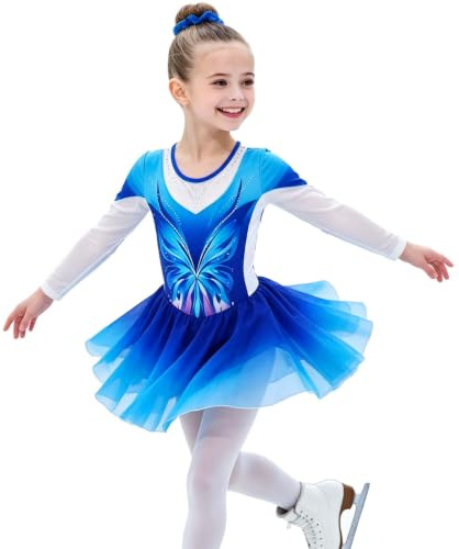 LOLANTA Girls Dance Leotard with Chiffon Skirt, Sparkly Rhinestone Long Sleeve Skirted Leotard, Ballet Lyrical Dance Dress Figure Skating Costume for Stage