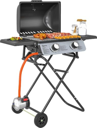 DecHome - Barbecue a Gas Portatile con 2 Bruciatori e 2 Tavolini Coperchio con Termometro e Ruote Nero