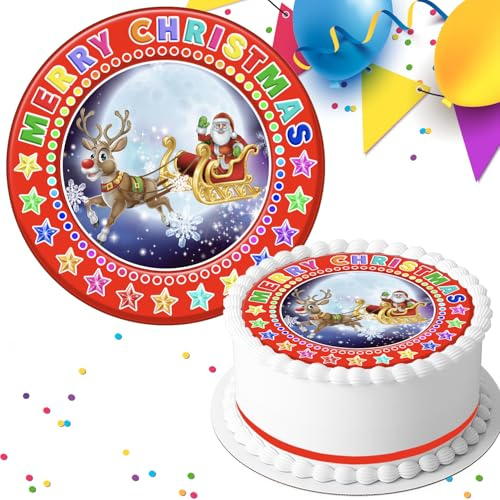 MERRY CHRISTMAS SANTA SLEIGH PRE-CUT 7.5 INCH EDIBLE ICING CAKE TOPPER DECORATION 1935
