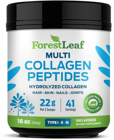 ForestLeaf Collagen Peptides Powder Unflavored - Hydrolyzed Grass Fed Keto Collagen Protein Powder Type 1, 2 & 3 - Vital Hair, Skin, Nails, Joints, Recovery, 11g Per Serving