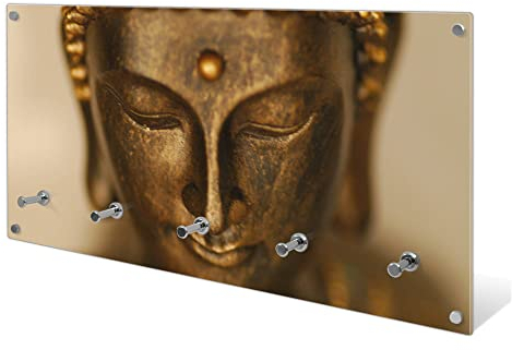 banjado® Wandgarderobe aus Echtglas/Design Garderobe 80x40x6 cm groß/Flurgarderobe mit 5 Haken/Magnetisches Garderobenpaneel Motiv Buddha Gold