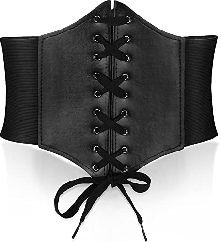 Boyiee Large Ceinture Corset à Lacets, Ceinture Élastique en Similicuir PU(Noir)