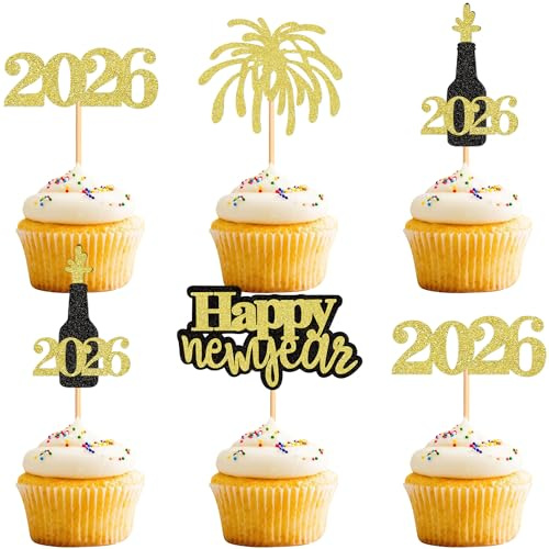 Blumomon 24 x goldene Glitzer-Törtchenaufsätze für 2022 Happy New Year, 2022 Feuerwerk Prost bis 2022, Kuchendekorationen für 2022, Feier, Silvester-Party-Dekorationen