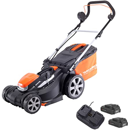 Yard Force Rasenmäher, kabellos, 37 cm, mit 2 Lithium-Ionen-Akkus 20 V, 2,5 Ah und Schnellladegerät LM C37-EU, Orange, Schwarz, Grau