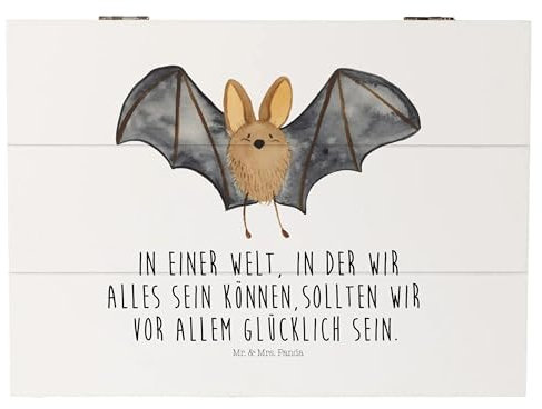 Mr. & Mrs. Panda 25 x 18 cm Holzkiste Fledermaus Flügel - Geschenk, Truhe, Erinnerungskiste, Gute Laune, Schatulle, XXL, Tiermotive, lustige Sprüche,