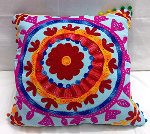 INDACORIFY Embroidered Cushion Covers 16x16, Decorative Throw Pillow Case, Indian Pom Pom Outdoor Cushions, Boho Pillow Shams
