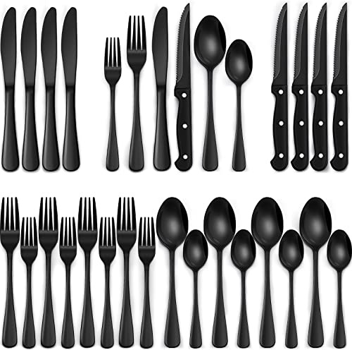 Lot de 24 ustensiles noirs argentés avec couteaux à steak, plats noirs pour 4, en acier inoxydable de qualité alimentaire, pour la maison, le restaurant