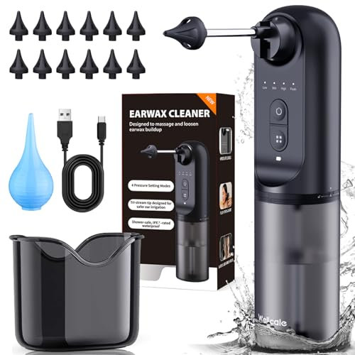 Elektrische Ohrenschmalz Entferner - Wiederaufladbarer Ohrreiniger Elektrisch mit 4 Druckeinstellungen, 12-Düsen und Ohrzwiebel - IPX7 Wasserdicht, Erwachsene Kinde, Sicher und effektiv