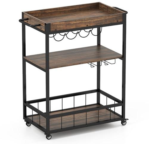 TANGZON 3 Tiers Kitchen Trolley with Removable Tray, Steel Frame Rolling Serving Bar Cart with Wine Rack, Glass Holders & Wheels, Industrial Home Bar Drinks Trolley (with Wine Rack, 67x40x89cm)