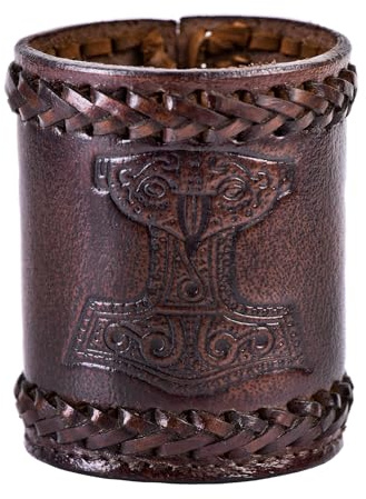 Ulfberth - Gobelet à dés Viking de qualité supérieure avec Motif Mjölnir - en Cuir véritable - Tasse médiévale - LARP - (Marteau de Thor Marron)
