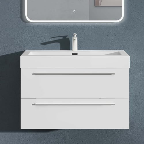doporro Badmöbel-Set Waschbeckenunterschrank in Matt Weiß 90x48x60cm | Wandhängendes Badmöbel-Set mit Mineralguss-Waschbecken, Soft-Close-Schubladen – pflegeleicht für moderne Bäder Quadratto
