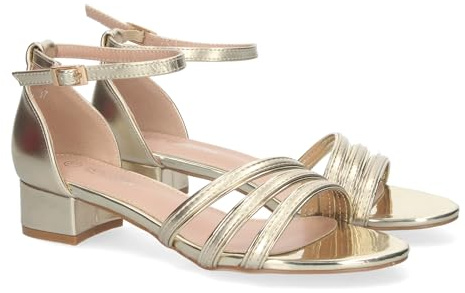 shoes&blues.es 81455-Sandalia de Tacon para Mujer, Comoda, con Pala Fina, y Cierre Ankle Strap de Hebilla. Talla 39 Oro