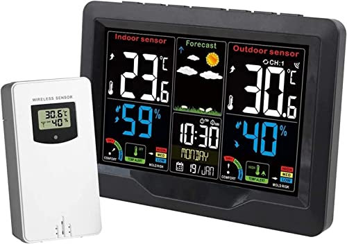 KOGORA Estación meteorológica Termómetro inalámbrico for interiores y exteriores, estación de pronóstico digital con pantalla a color con alerta de temperatura, nivel de comodidad, barómetro, reloj de